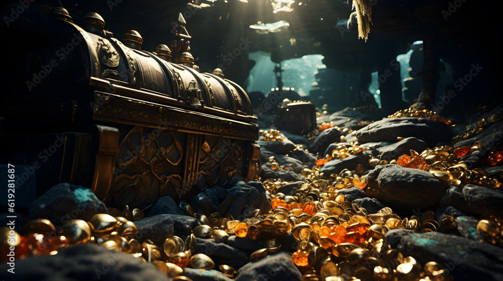 An ancient golden treasure chest lies underwater on the ocean floor