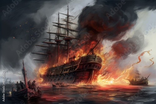 ship engulfed in flames and sinking in the vast ocean. Generative AI