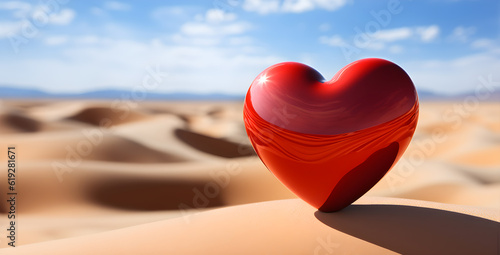 Red heart on desert floor Hot and lonely sand dunes sweltering sunshine mountains background Sky and clouds. The concept is like traveling  adventuring  heartbroken  abandoned  lonely. Generative Ai.