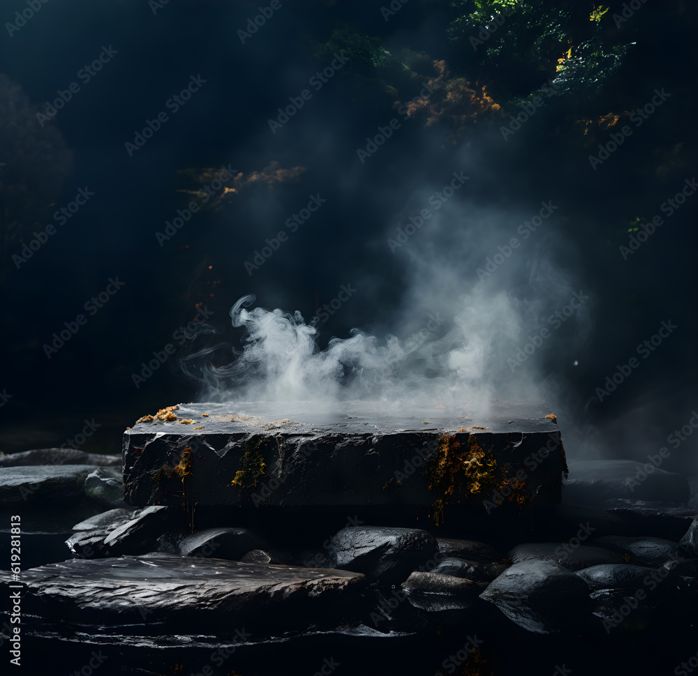 Stone podium. rock pedestal in cave dark damp rain forest on black ...