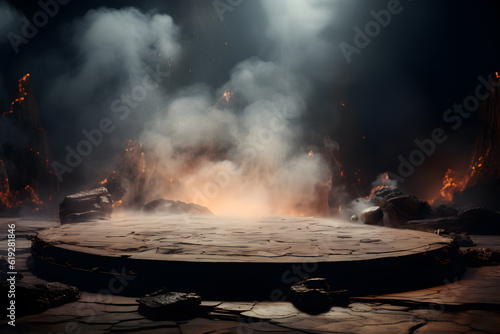 Stone podium. lava erupts rocks smelt, volcano hot magma rock ground , burning coals on black and dark background with fume, dust. Platform product display advertisement in underworld. Generative Ai.