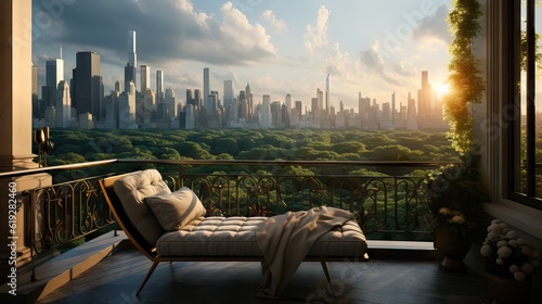 A beautiful balcony overlooking Central Park in New York City, capturing the vibrant cityscape. Generative AI.