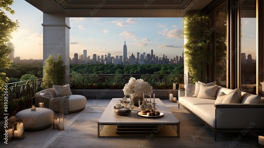 A beautiful balcony overlooking Central Park in New York City, capturing the vibrant cityscape. Generative AI. - obrazy, fototapety, plakaty 