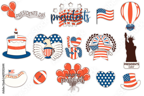 Presidents Day stickers, cake, balloons, flag, statue of liberty, hot dog, American soccer, etc