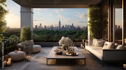 A beautiful balcony overlooking Central Park in New York City, capturing the vibrant cityscape. Generative AI.