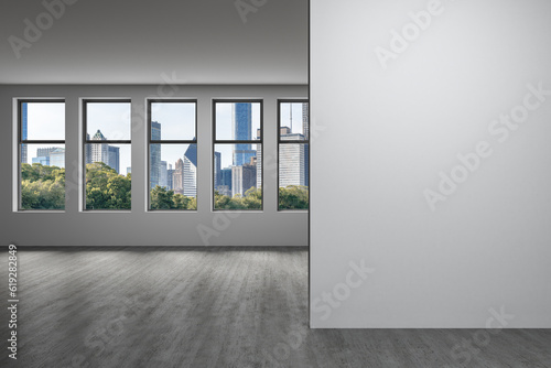 Downtown Chicago City Skyline Buildings Window background. Copy space white wall. Empty room Interior Skyscrapers View. Mockup concept. Day time. 3d rendering.