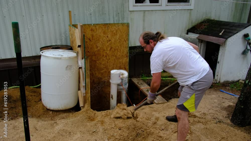 Man shoveling pile of sand and throwing into water well hole to fill it. Man shoveling pile of sand and throwing into water well hole to fill it.