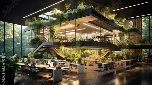 A large  modern office filled with greenery to enhance team engagement  promoting a healthy and productive work environment. Generative AI.