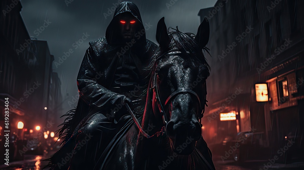 A hooded black rider making their way through the city streets, a figure of mystery and intrigue. Generative AI. A hooded black rider making their way through the city streets, a figure of mystery and intrigue. Generative AI.