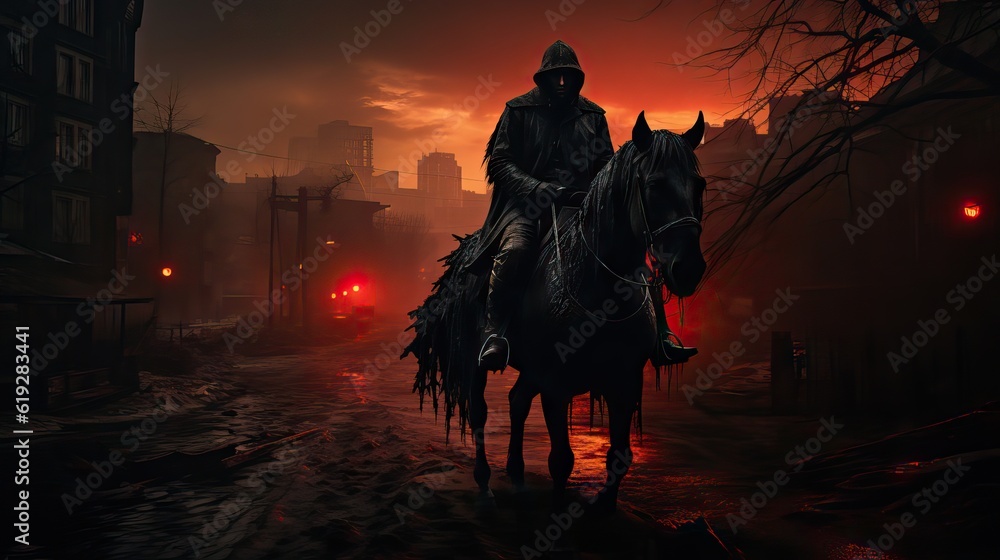 A hooded black rider making their way through the city streets, a figure of mystery and intrigue. Generative AI.