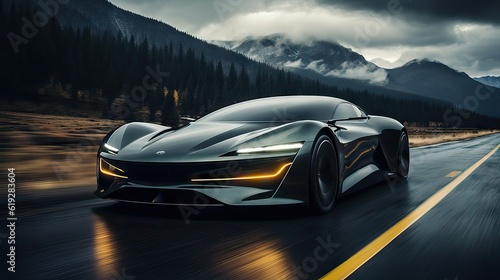 A futuristic electric sports car with sleek design and advanced features, symbolizing the evolution of automotive technology. Generative AI.