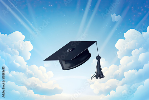 Graduation cap on blue sky background with clouds.