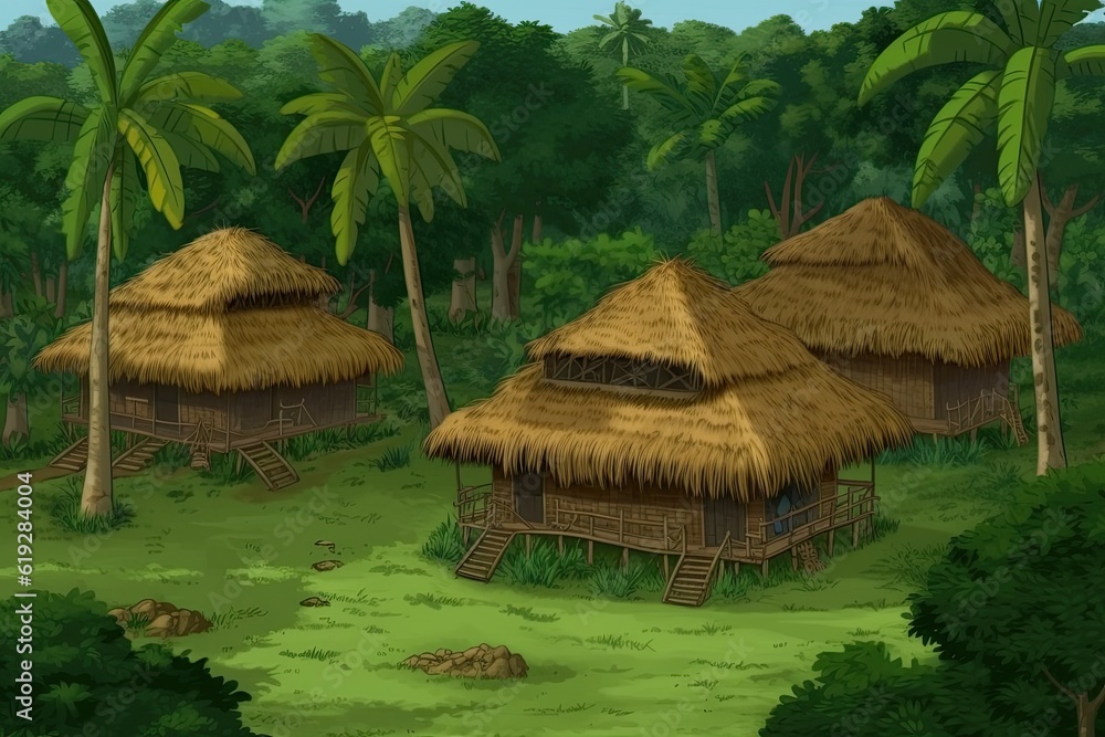 small village of thatched huts nestled in the heart of a lush jungle small village of thatched huts nestled in the heart of a lush jungle
