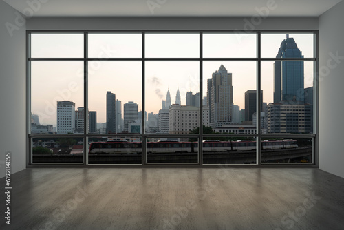 Empty room Interior Skyscrapers View Malaysia.Downtown Kuala Lumpur City Skyline Buildings from High Rise Window. Beautiful Expensive Real Estate overlooking. Sunset. 3d rendering.