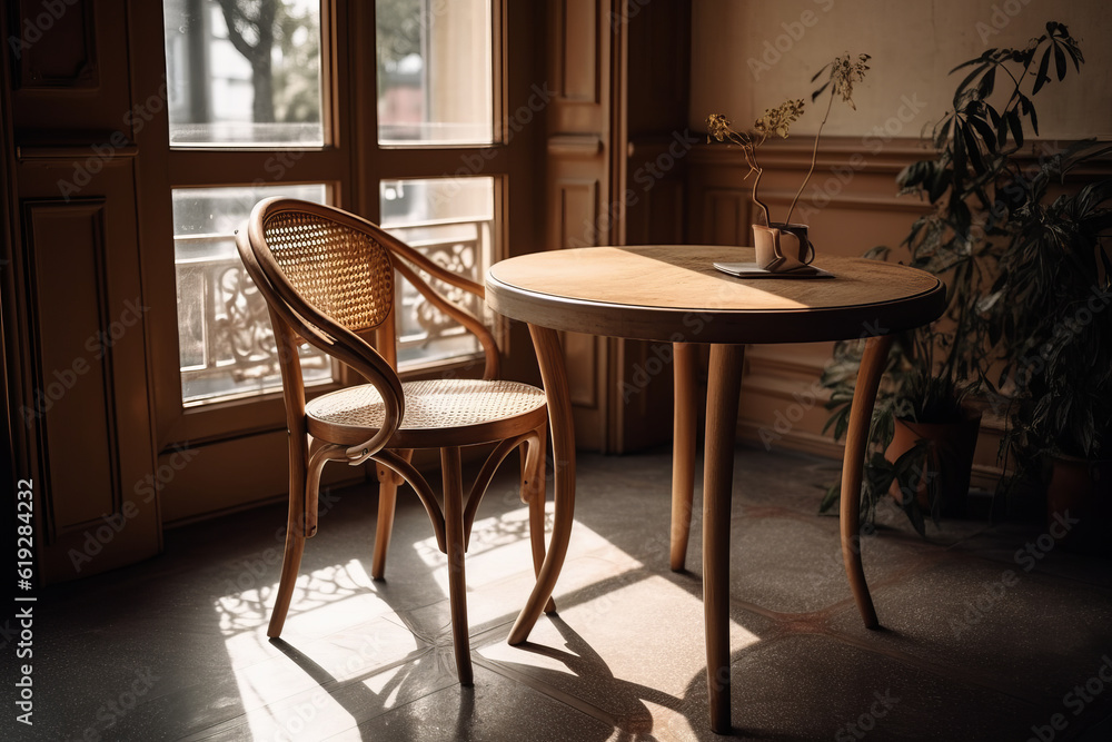 Round Beige And Brown Wooden Table And Chair, Generative AI Round Beige And Brown Wooden Table And Chair, Generative AI
