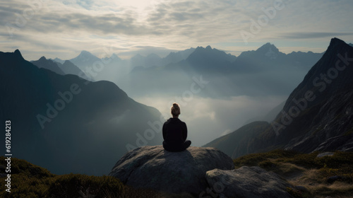 Serene Summit - Young Woman Meditating Amidst Mountainous Landscape - Generative AI © illuminating images