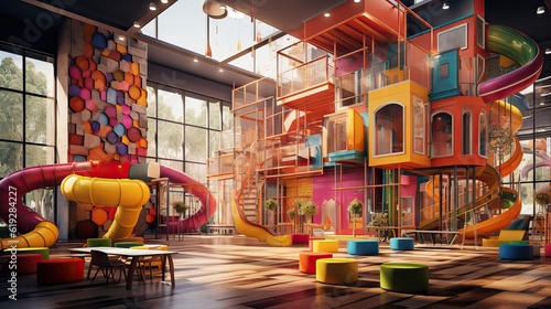 Fototapeta Naklejka Na Ścianę i Meble -  A design for a stay-and-play or after-school fun center for children, full of engaging activities and colorful décor. Generative AI.