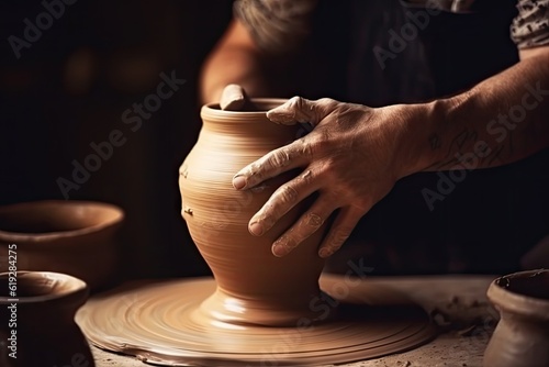 Close up of male potter's hands working on vase made of clay, close-up with copy space. Handmade ceramics manufacture.