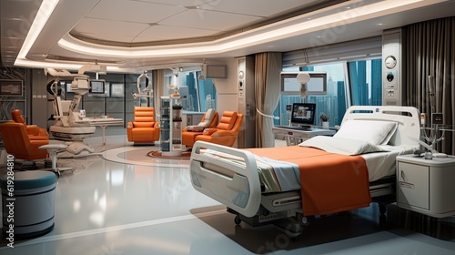 Hospital room with beds in a modern hospital.hospital room with comfortable bed and view of the city.