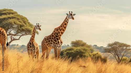 Print op canvas giraffe walking in the savannah