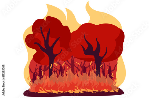 illustration of a forest fire, heavy fire and smoke, burning trees and other plants, fire 