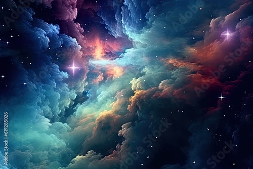 Colorful space galaxy cloud nebula. Stary night cosmos. Universe science astronomy. Generative AI technology. © Akmalism