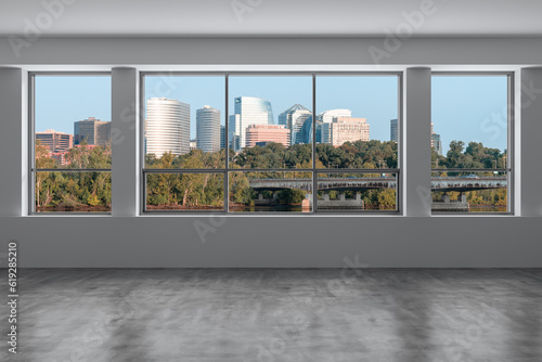 Empty room Interior Skyscrapers View. Cityscape Downtown, Arlington City Skyline Buildings from Washington. Window background. Beautiful Real Estate. Day time. 3d rendering.