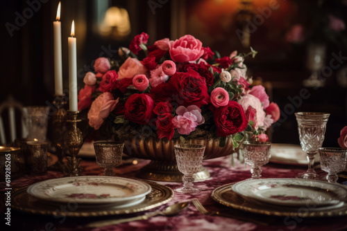 Pink And Red Roses Centerpiece Near Silverwares  Generative AI