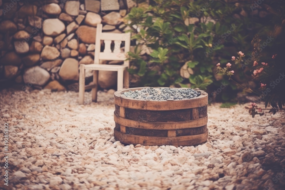 minimalist white chair paired with a rustic wooden barrel. Generative AI minimalist white chair paired with a rustic wooden barrel. Generative AI