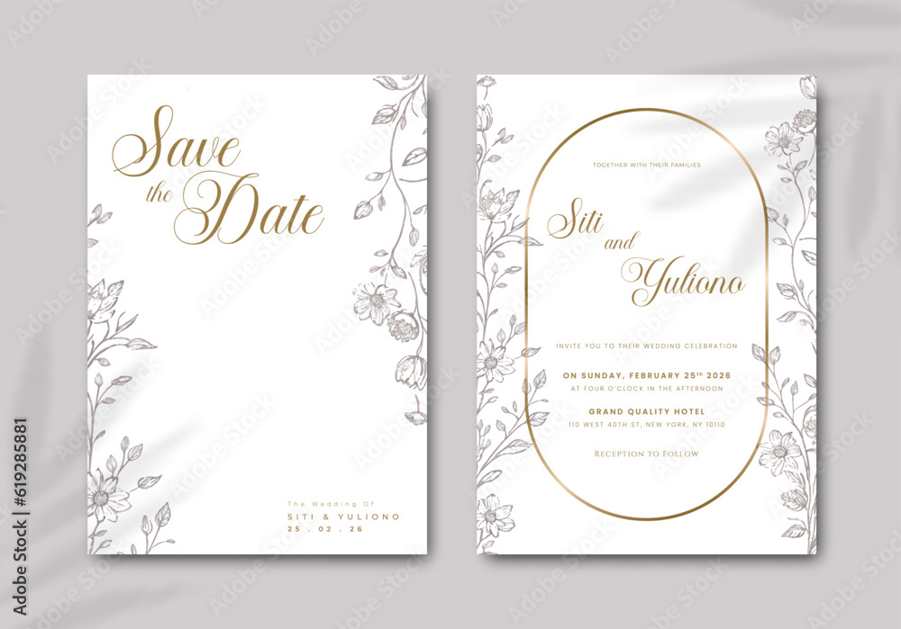 beautiful wedding invitation card template with flower illustration watercolor premium vector