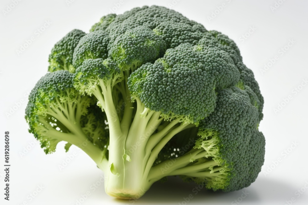 single broccoli head isolated on a white background. Generative AI single broccoli head isolated on a white background. Generative AI