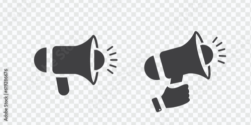 Megaphone or loudspeaker black vector icon. Hand holding bullhorn or blow horn symbol, vector eps 10
