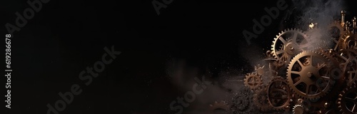 Bronze gears banner, graphic website header, cyberpunk gears and mechanical gears surrounded by smoke, web asset, AI
