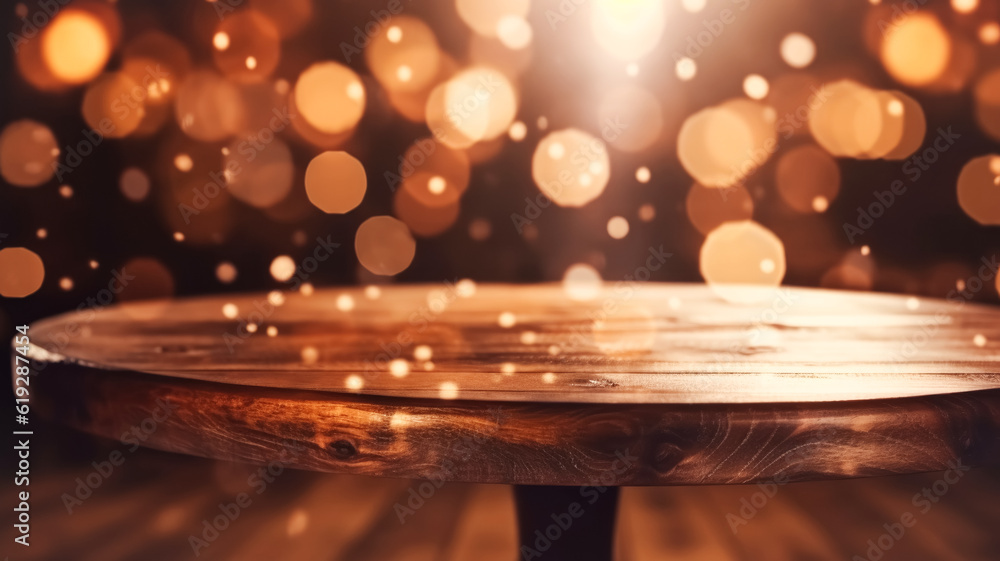 Empty wooden table top in front of abstract blurred background with garlands of lights, cozy cafe bar small restaurant