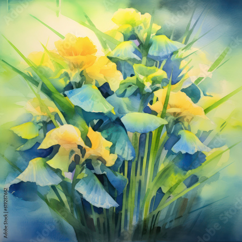 Colorful watercolor composition with irises and green leaves 