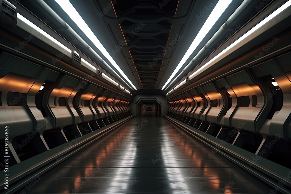 Obraz premium Dark Futuristic Modern Garage Showroom Tunnel Corridor. Entrance 3D Render.