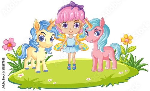 Fairy Girl with Unicorn in Cartoon Style