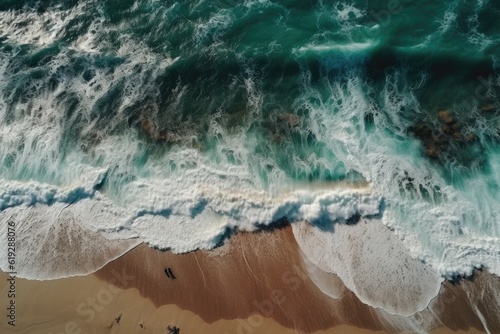 Overhead photo of crashing waves on the shoreline. Tropical beach surf. Abstract aerial ocean view. Generative AI technology. © Akmalism