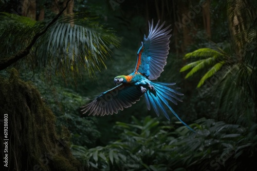 colorful bird soaring through a lush green forest. Generative AI