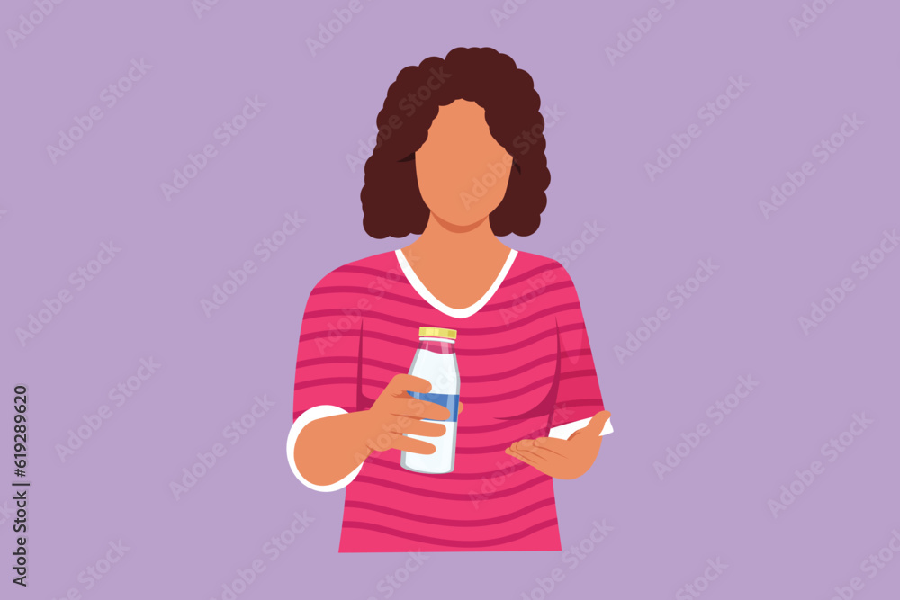 Cartoon flat style drawing young beautiful woman holds and showing bottle of fresh almond milk healthy vegetarian product smiles happily. Food nutrition for people. Graphic design vector illustration Cartoon flat style drawing young beautiful woman holds and showing bottle of fresh almond milk healthy vegetarian product smiles happily. Food nutrition for people. Graphic design vector illustration