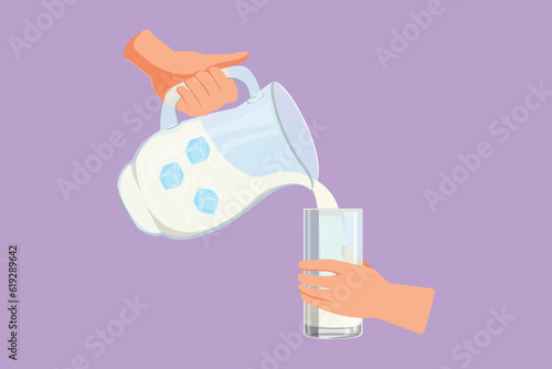 Graphic flat design drawing stylized human hand pouring fresh water from jug with ice into glass. Splashing and pouring pure aqua water in glass from pitcher symbol. Cartoon style vector illustration