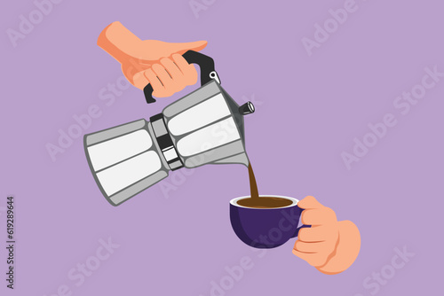 Cartoon flat style drawing barista pour espresso from moka pot. Moka coffee pot to make espresso on hand. Coffee in vintage. Barista coffee moka concept, logo, icon. Graphic design vector illustration