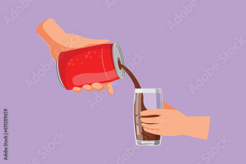Cartoon flat style drawing of hand holding can of soda poured into glass. Male hand holding aluminium can isolated on blue background. Restaurant or cafe drink menu. Graphic design vector illustration