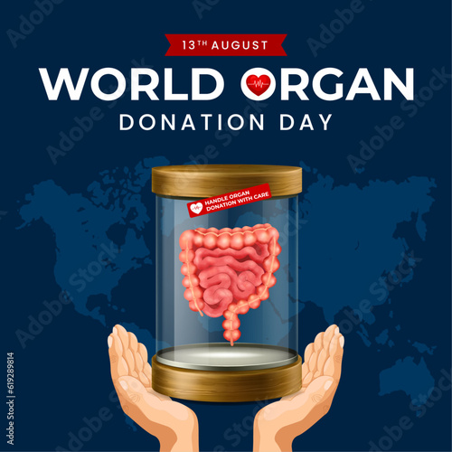 World organ donation day with intestines for transplantation, saving lives, social network post, artwork, print, doodle, vector illustration (Vector)