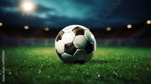 Soccer ball on green football field of stadium, close up evening neon glowing, world cup soccer championship concept. White black football ball on green grass field before playing game.
