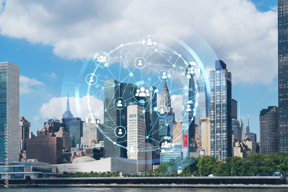 New York City skyline, United Nation headquarters over the East River, Manhattan, Midtown at day time, NYC, USA. Social media hologram. Concept of networking and establishing new people connections