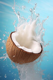 the coconut has a liquid splash coming out, in the style of kitsch aesthetic, vray, captures the essence of nature
