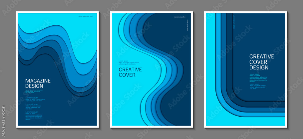 Posters design template with paper waves. Blue tone. Graphic design and print media ideas for magazine brochures and covers. Vector Illustrator EPS.