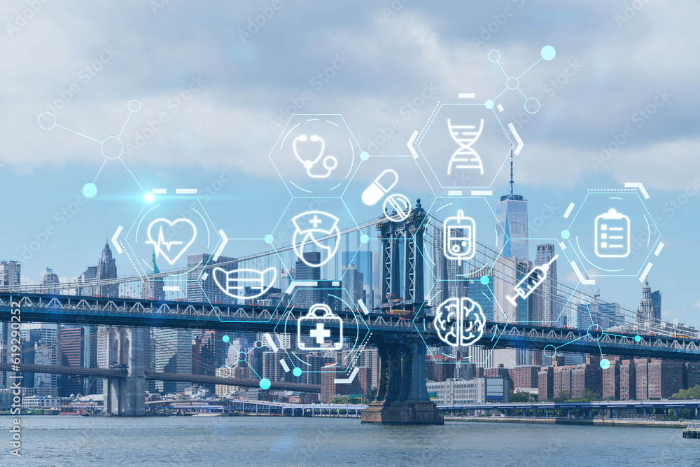 Brooklyn and Manhattan bridges with New York City financial downtown skyline panorama at day time over East River. Health care digital medicine hologram. The concept of treatment, disease prevention