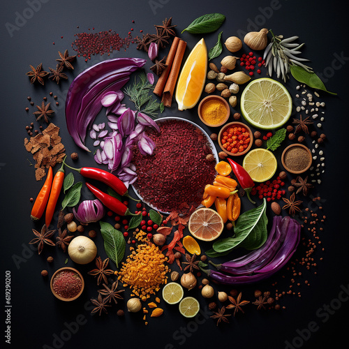 Top view of various foods on a dark background, in the style of colorful installations
